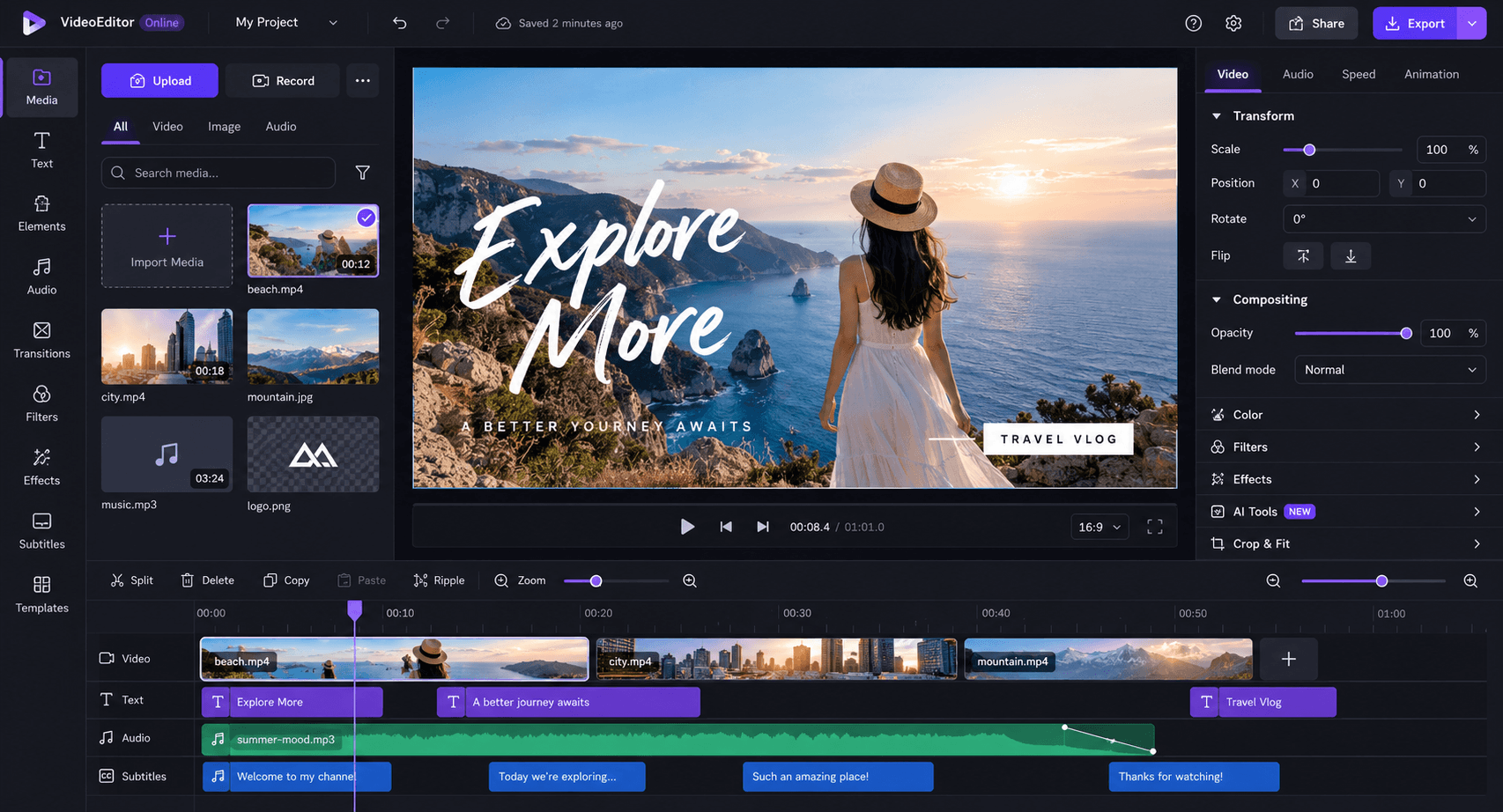 The VideoEditorOnline editor — media panel, canvas preview and multi-track timeline